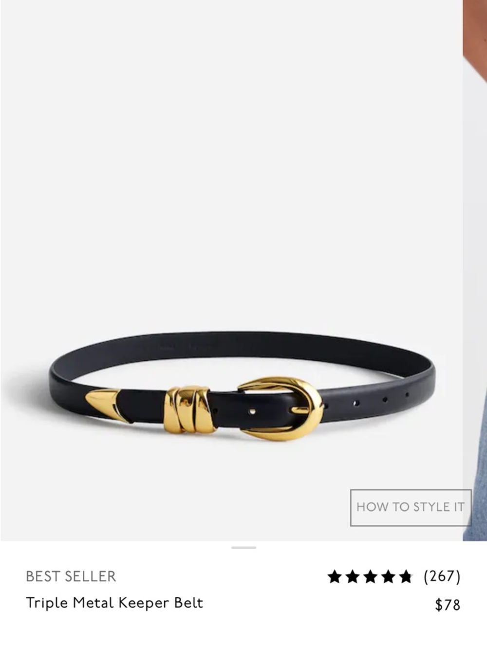 Madewell Black Belt with Gold Buckle and Triple Metal Keepers